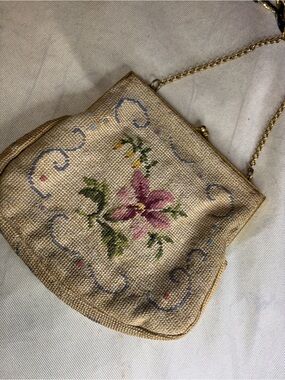 Needlepoint Floral VintageEvening Bag. 1950s Mirror included